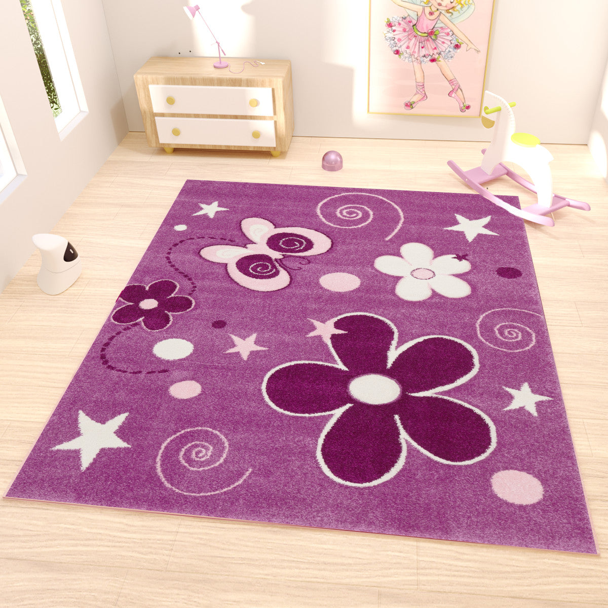 Kinder Teppich Lila Blumen Sterne Schmetterling  - I6566