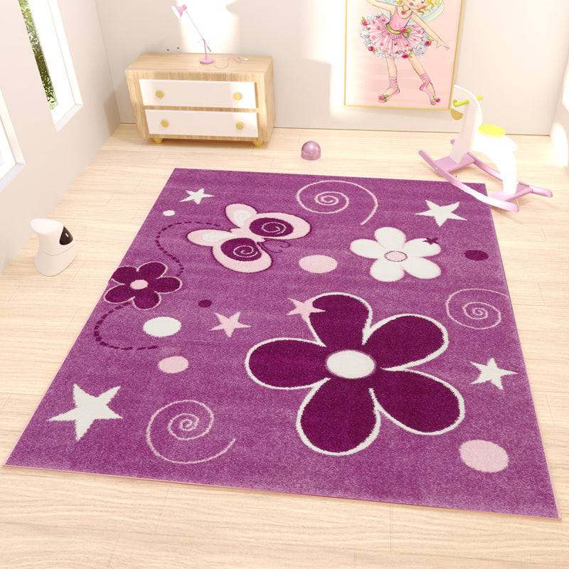Children's Rug Purple Flowers Stars Butterfly - I6566-zoom-