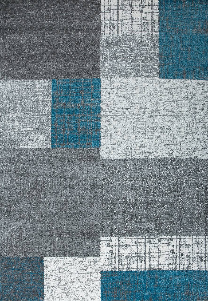 Designer Kurzflor Teppich in Türkis, Grau und Weiß mit Kachel-Optik Wohnzimmer