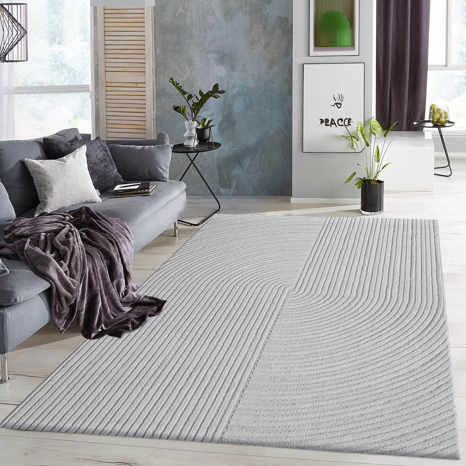 Moderner Kurzflor-Teppich Boho Wohnzimmer Schlafzimmer dünn mit 3D Hoch-Tief Effekt Pflegeleicht-10