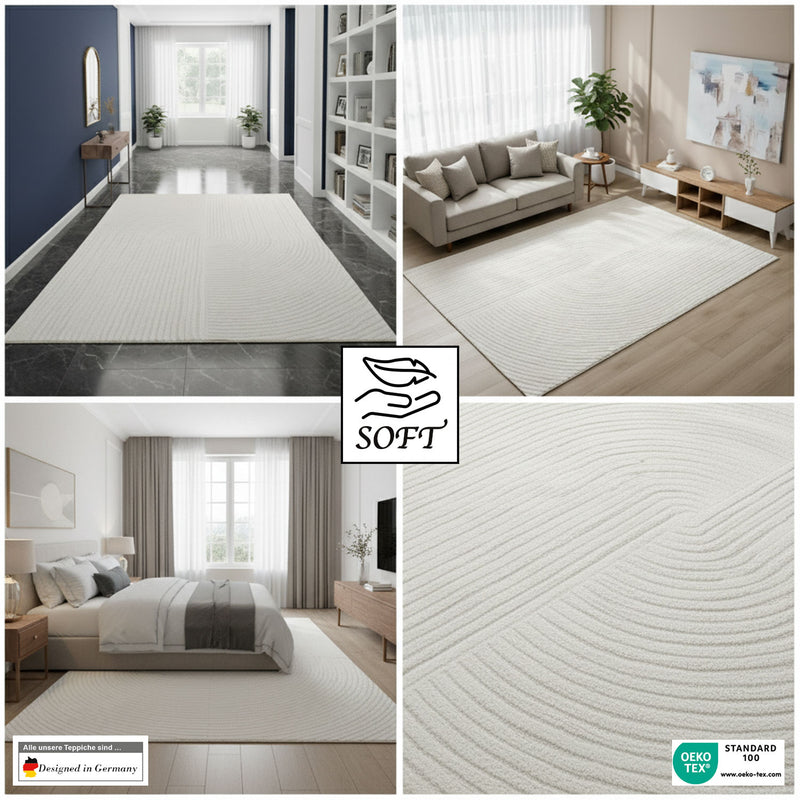 Moderner Kurzflor-Teppich Boho Wohnzimmer Schlafzimmer dünn mit 3D Hoch-Tief Effekt Pflegeleicht-zoom-