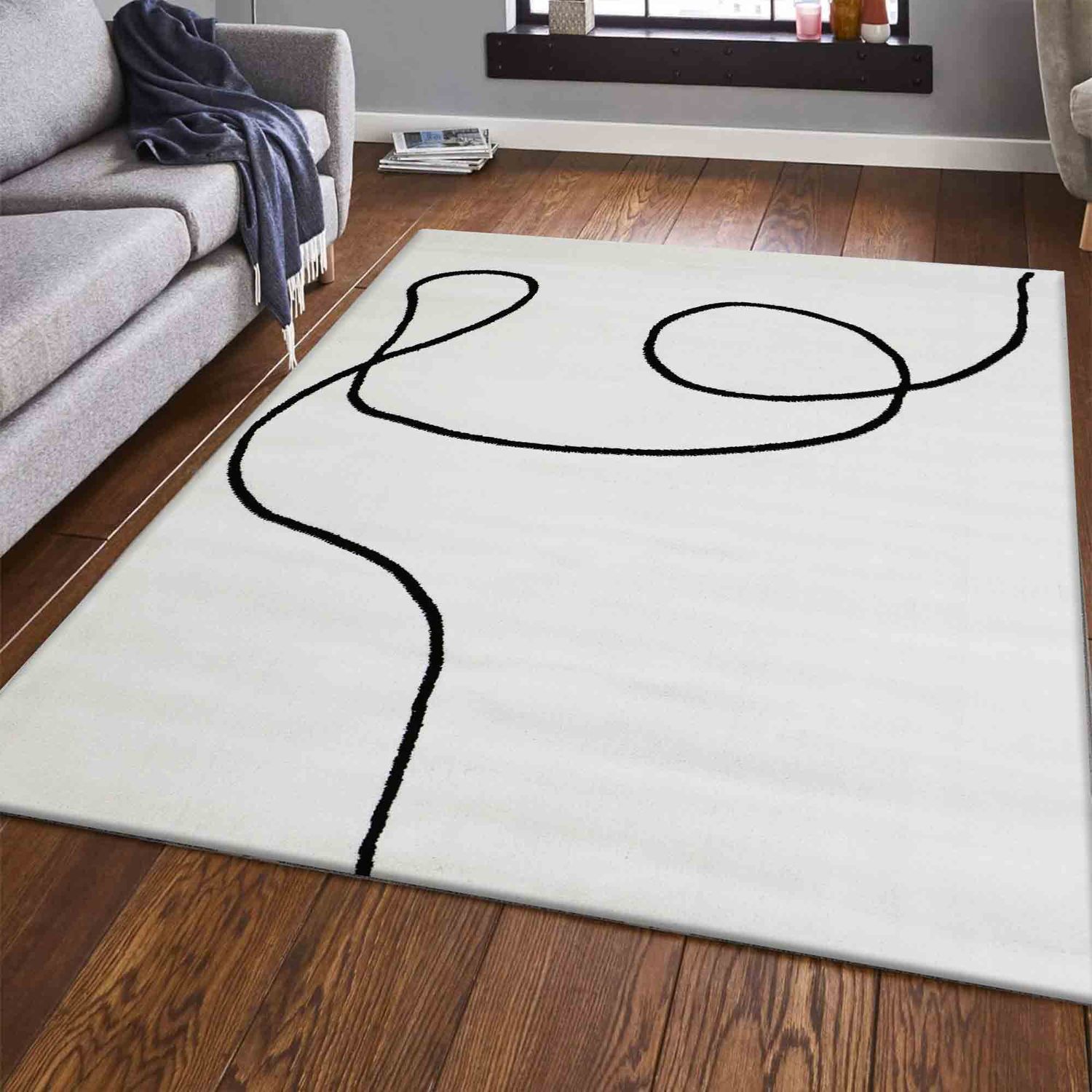 Moderner One-Line Wohnzimmer Teppich in Creme/Schwarz Kunstdesign Kurzflor-zoom-2