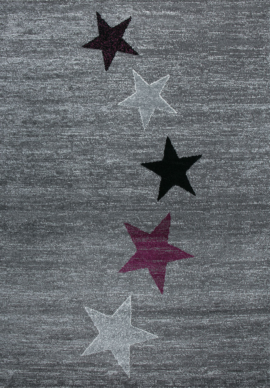 Modern Art Nouveau Short Pile Rug in Grey, Purple, and Black with Star Pattern, for Living Room, Bedroom, Kitchen