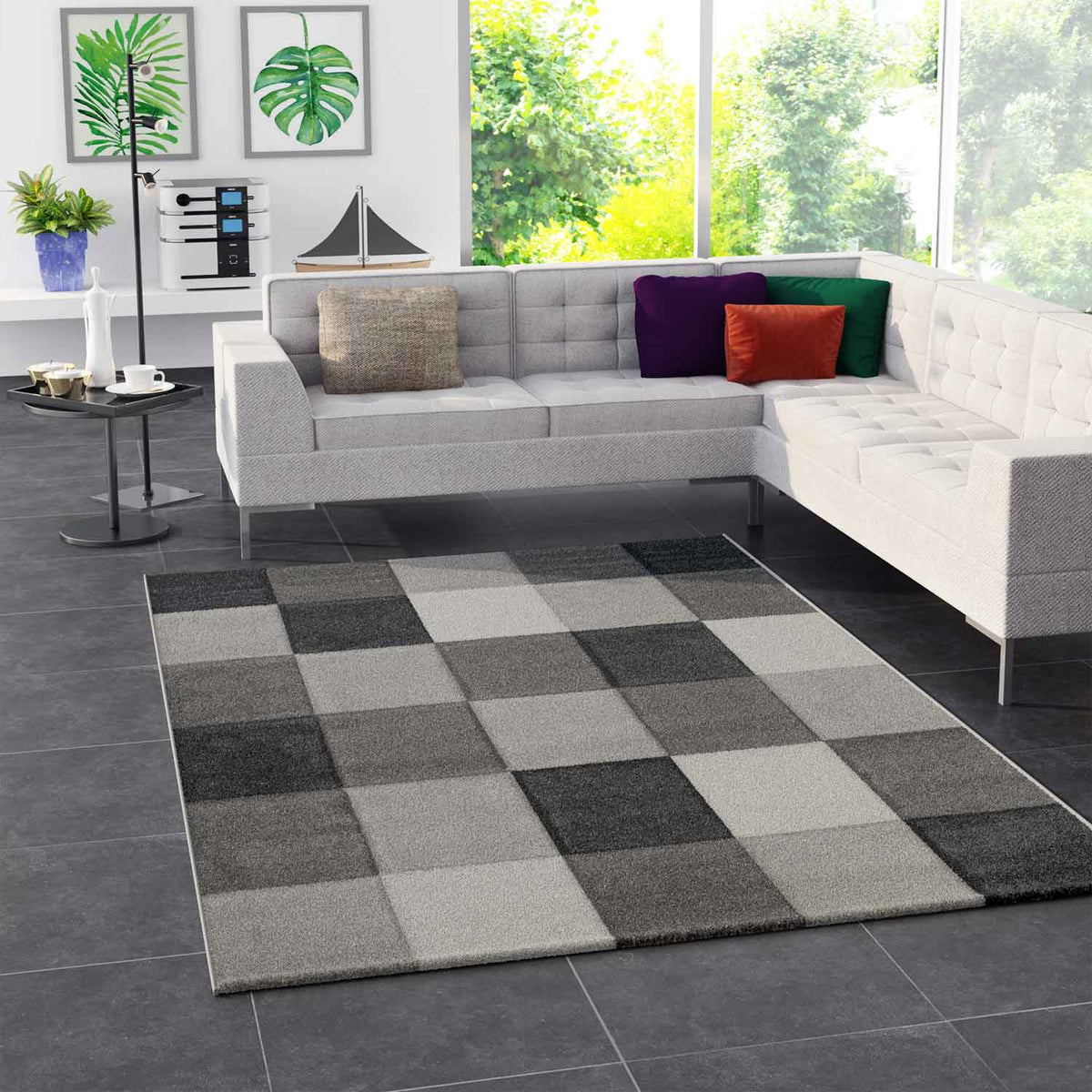Kurzflor Teppich Wohnzimmer Kariert Grau Anthrazit Creme Beige Weich Robust Konturenschnitt-zoom-2