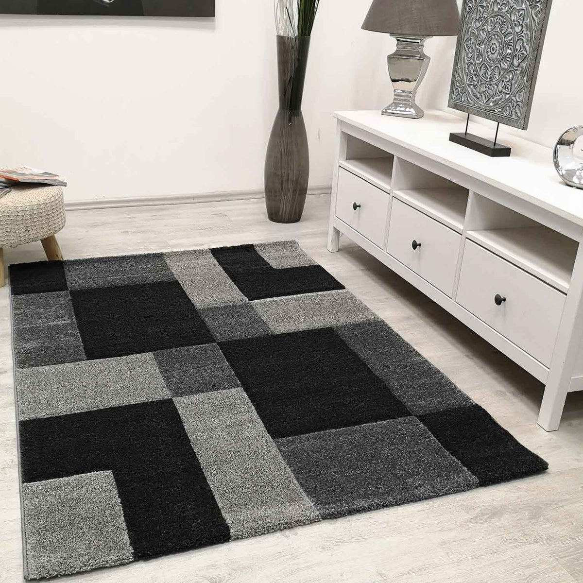 Modern Rug Checked Anthracite Black White Patterned Carpet-2
