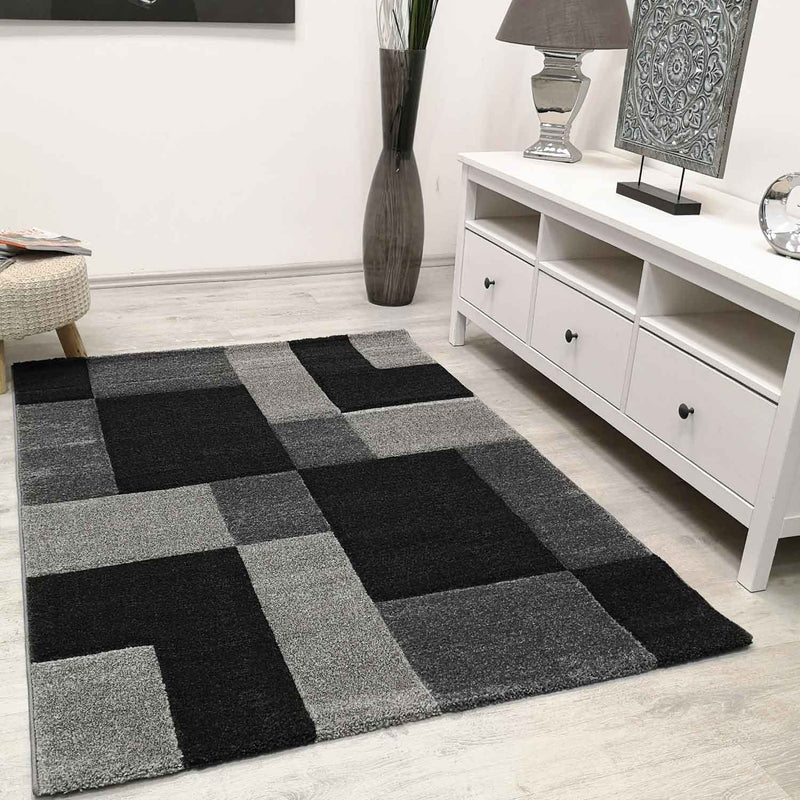 Modern Rug Checked Anthracite Black White Patterned Carpet-zoom-