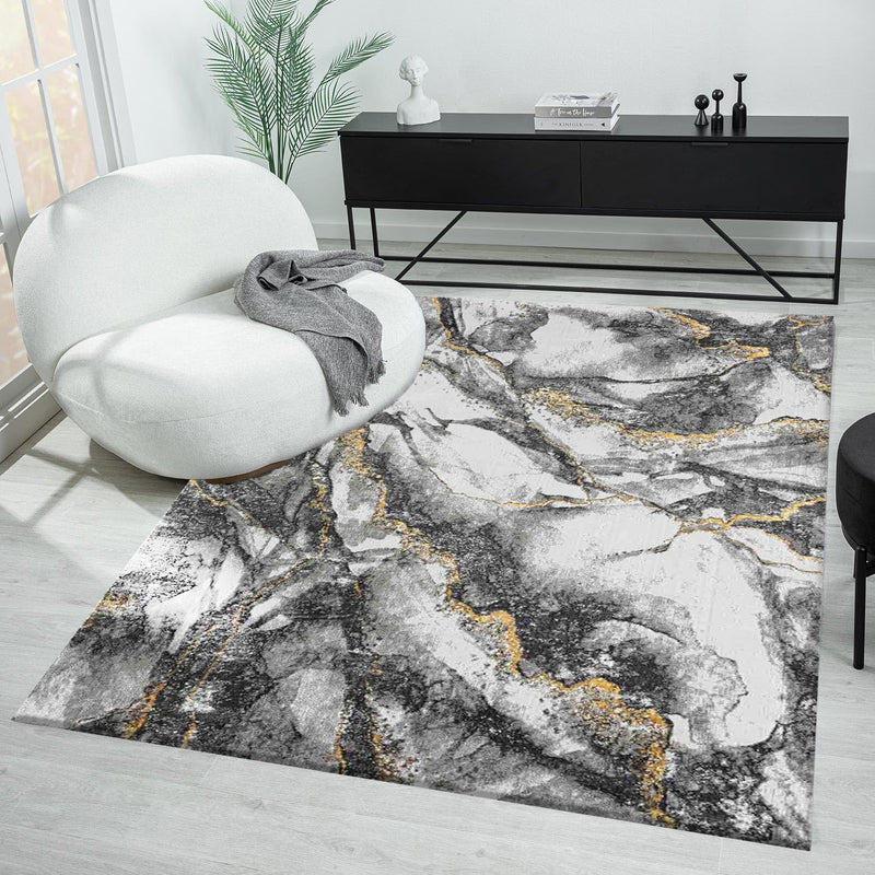 Moderner Teppich mit Marmor-Optik in Grau und Gold Tönen Wohnzimmer-zoom-