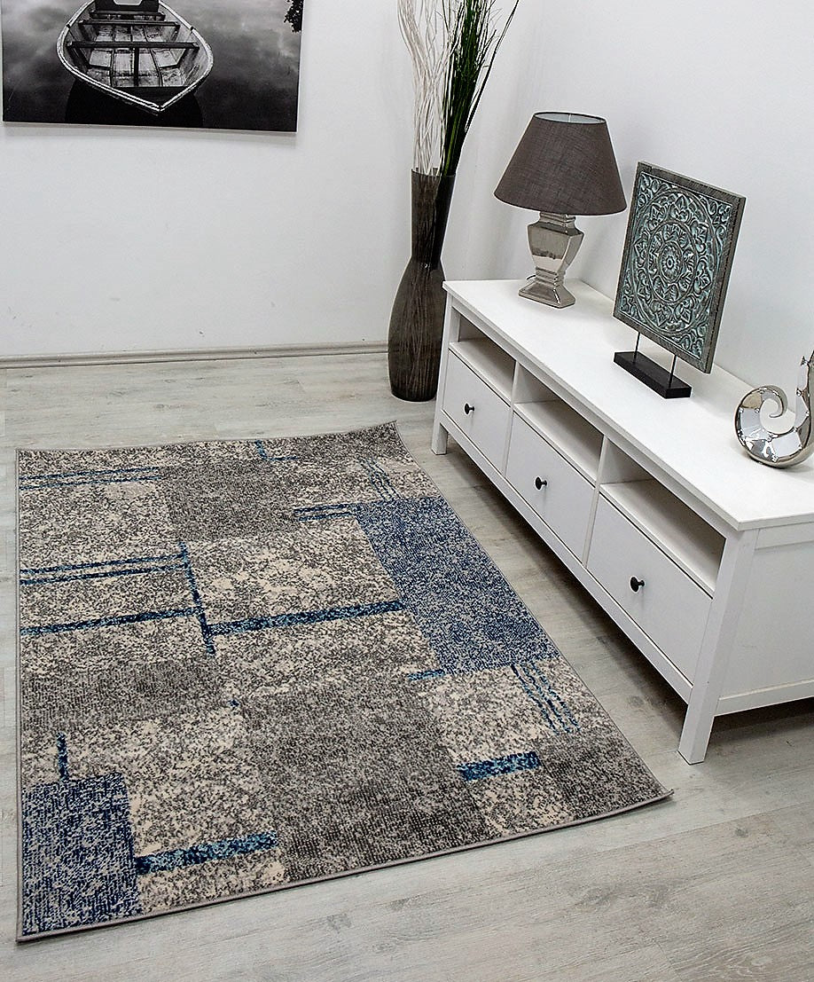Modern checkered abstract design rug in grey and blue mottled with color gradient for living room or youth room-zoom-5