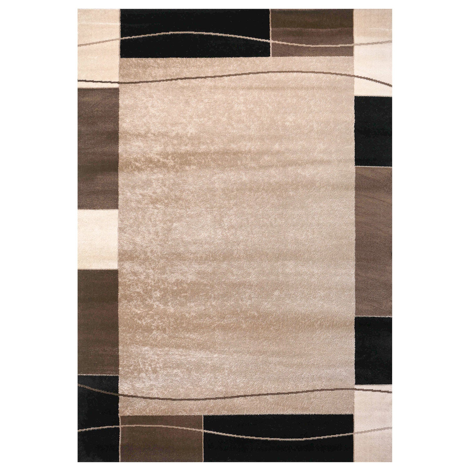 Short-pile rug, modern retro style with border, brown, beige, black, for living room, bedroom, children's room
