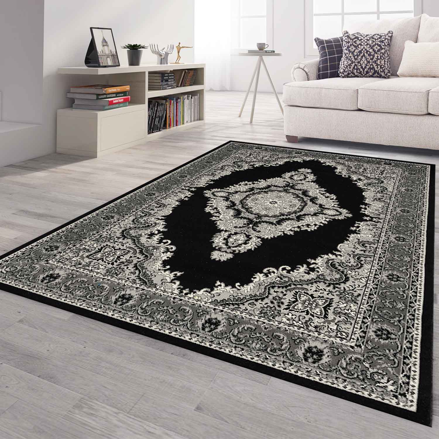 Oriental rug, grey and black, classic ornament, densely woven, short pile, colorfast