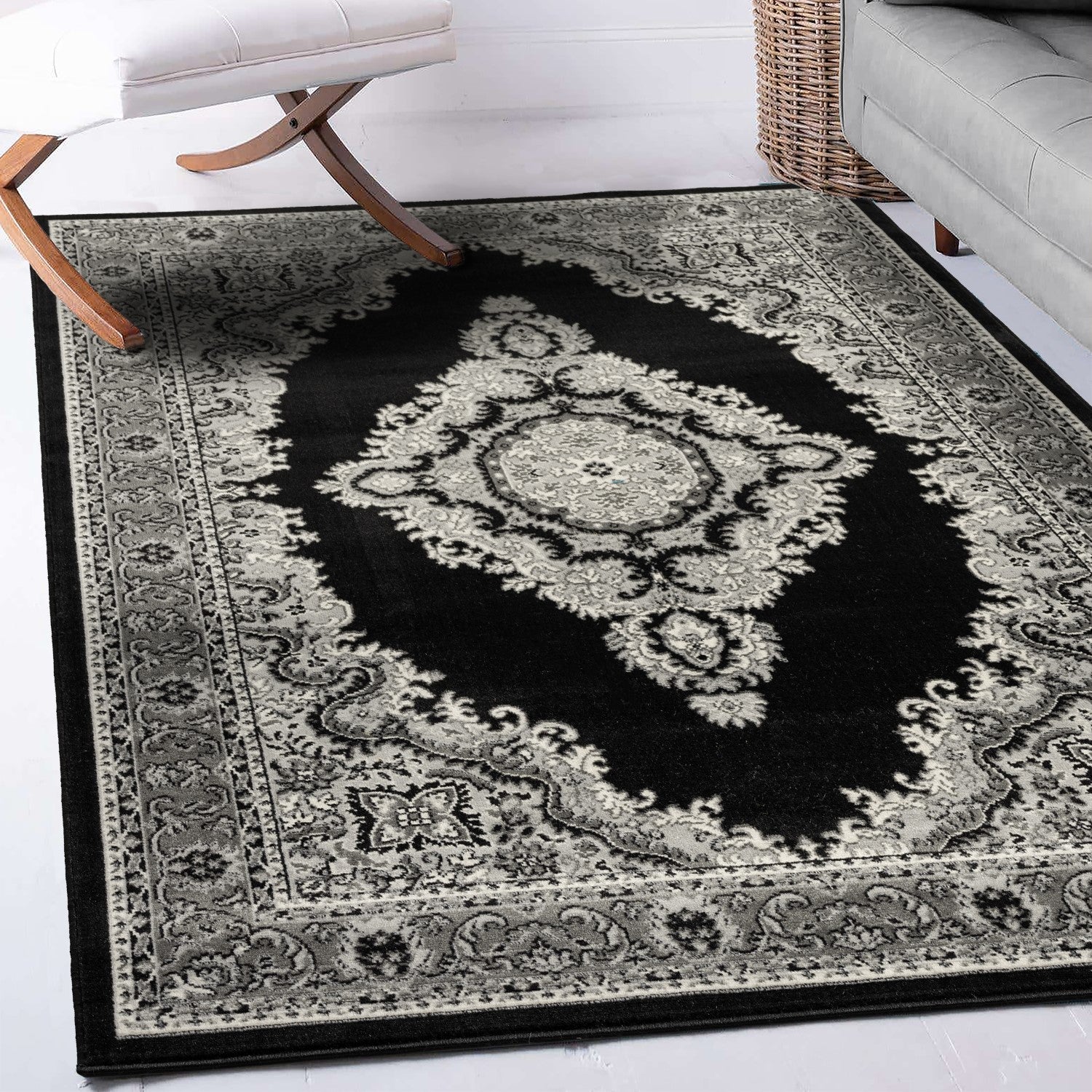 Oriental rug, grey and black, classic ornament, densely woven, short pile, colorfast