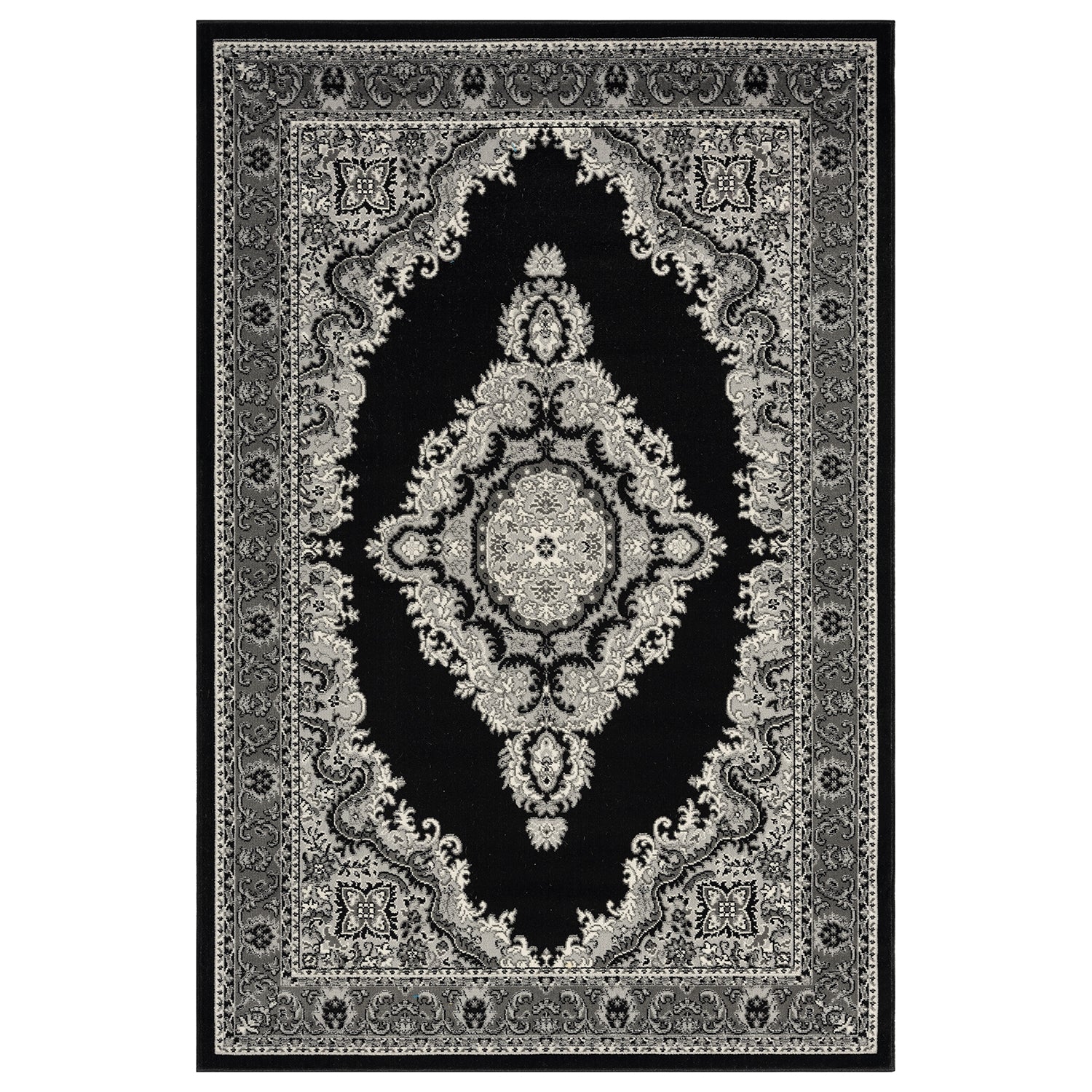 Oriental rug, grey and black, classic ornament, densely woven, short pile, colorfast-5