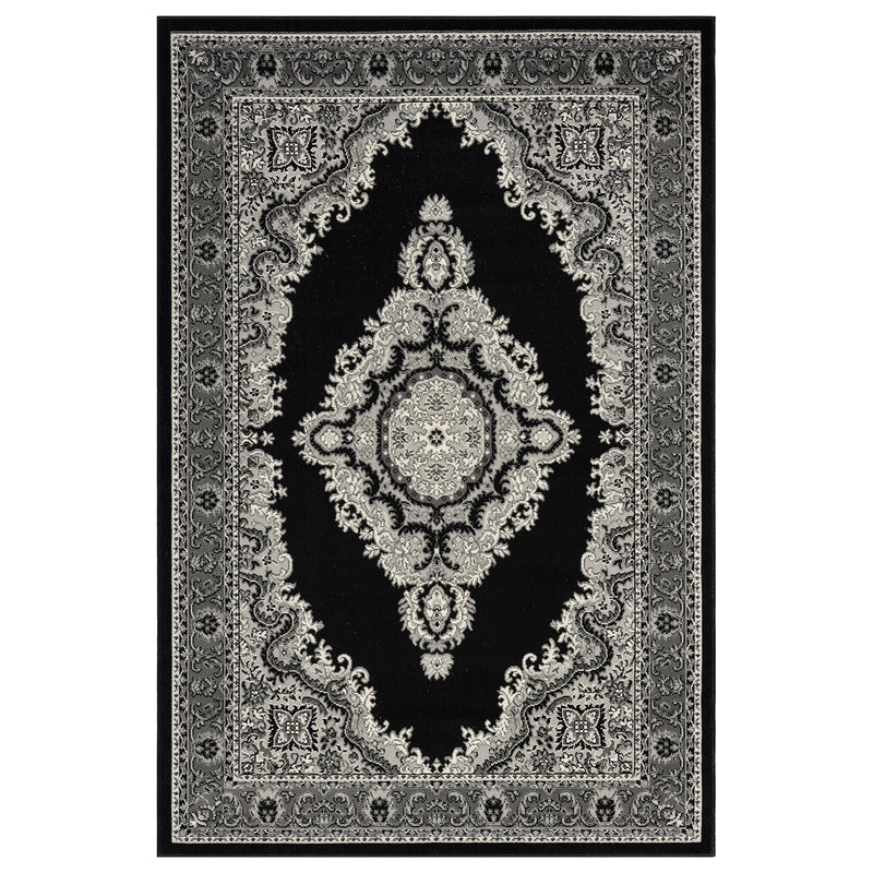Oriental rug, grey and black, classic ornament, densely woven, short pile, colorfast-zoom-