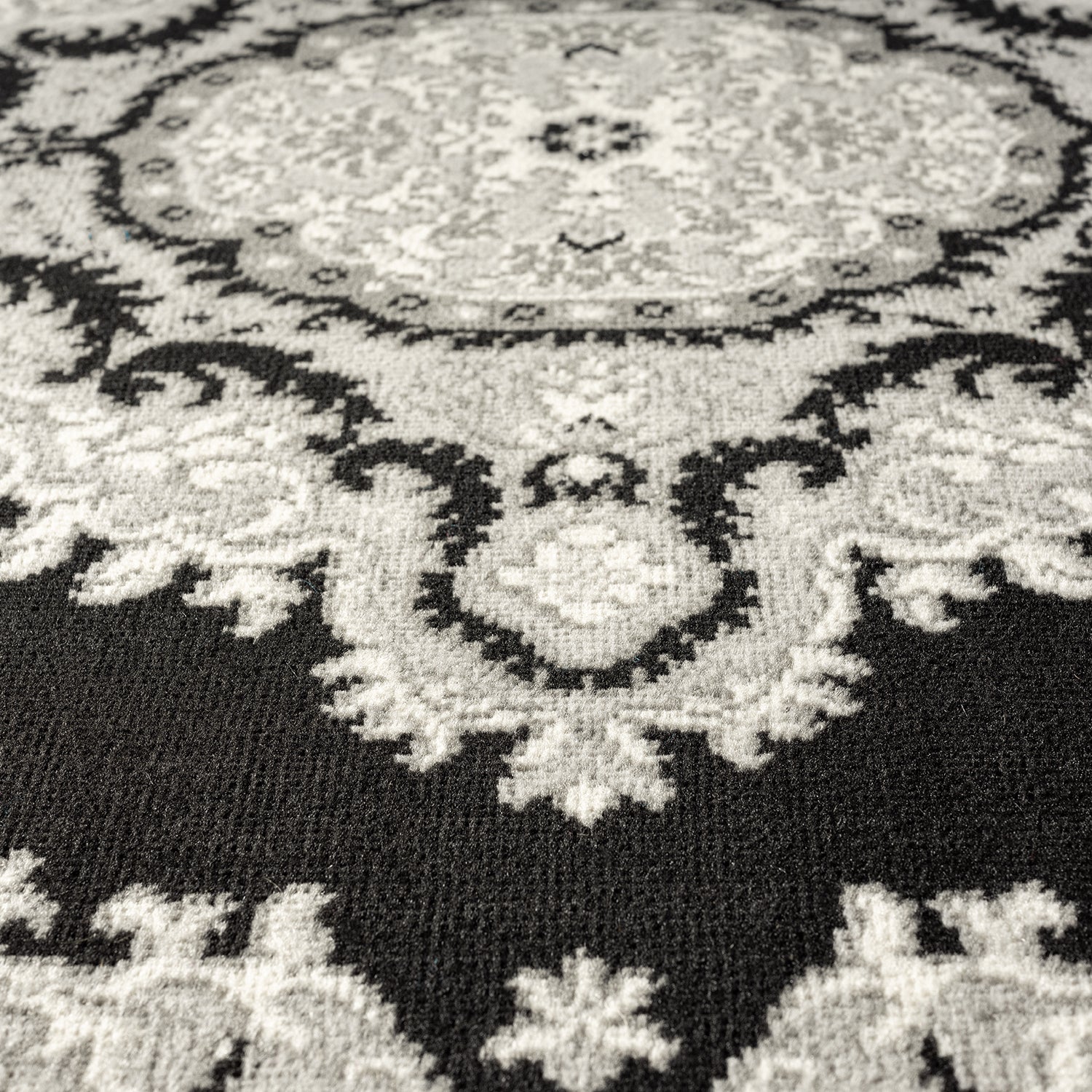 Oriental rug, grey and black, classic ornament, densely woven, short pile, colorfast-3