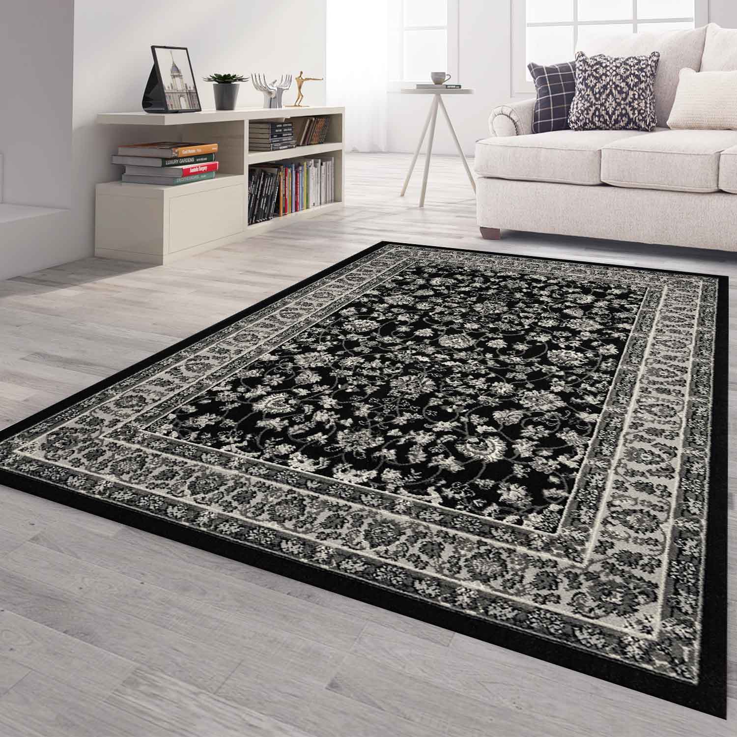 Orient Teppich grau schwarz klassisch dicht gewebt mit Ornament und Blumenmotiven-zoom-1