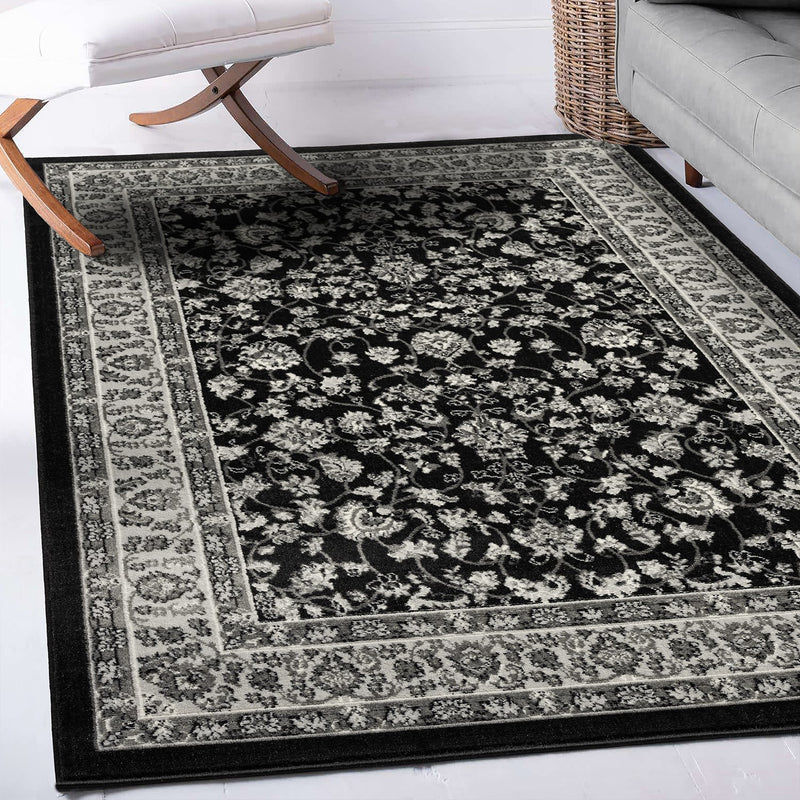 Orient Teppich grau schwarz klassisch dicht gewebt mit Ornament und Blumenmotiven-zoom-