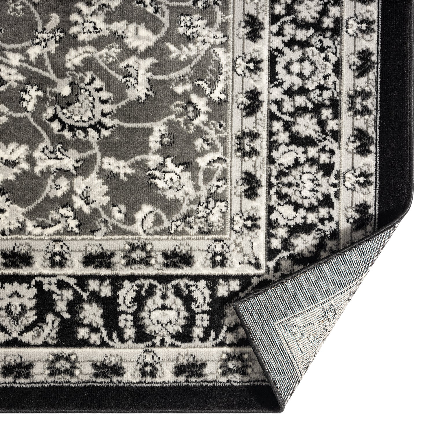 Oriental rug, grey and black, classically densely woven with ornament and floral motifs.-4