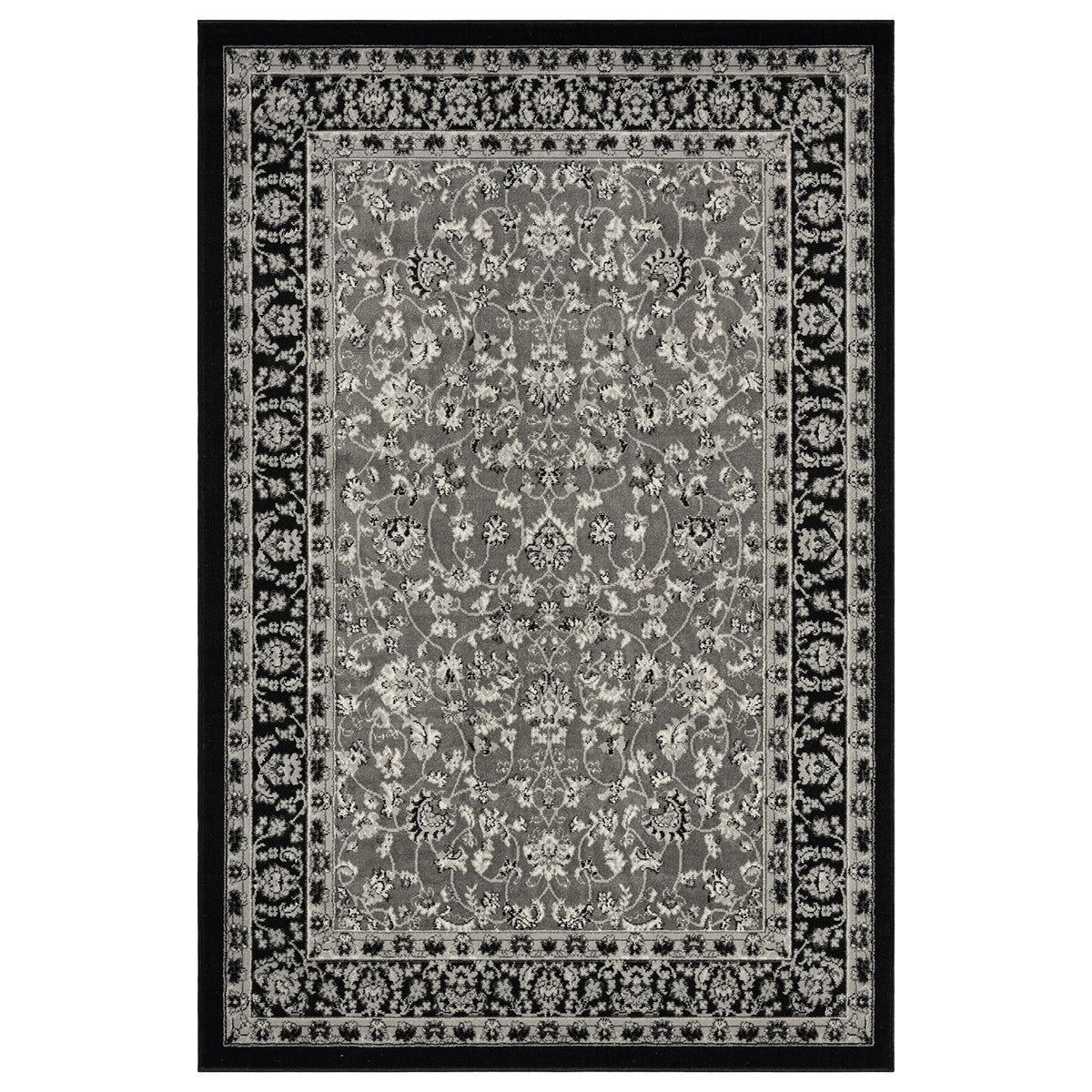 Oriental rug, grey and black, classically densely woven with ornament and floral motifs.