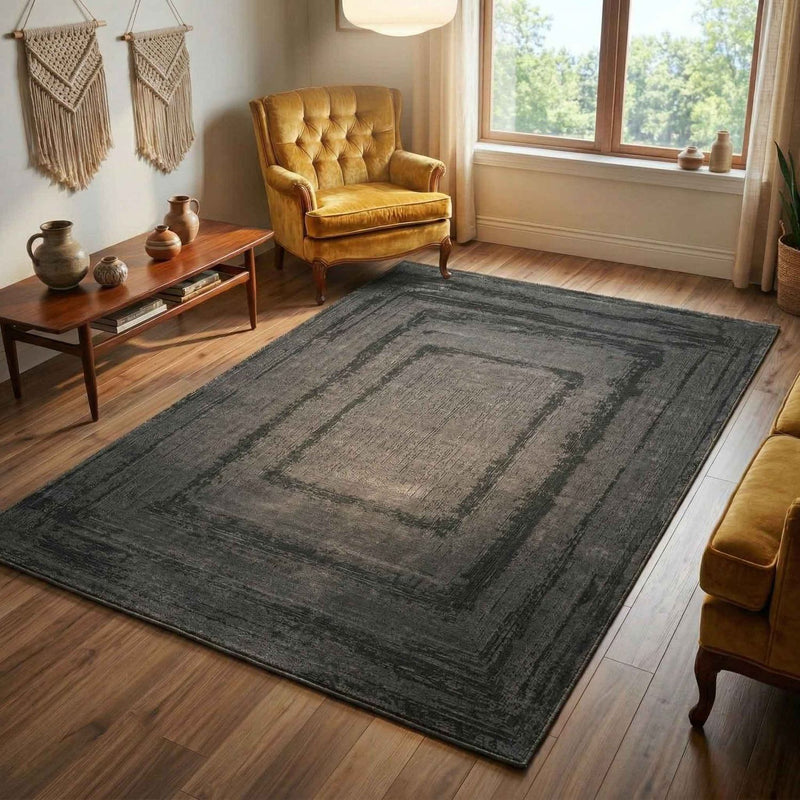 Premium Teppich Wohnzimmer Schlafzimmer Modern Hoch&Tief Bordüre – Kurzflor Teppich mit 3D Effekt-zoom-