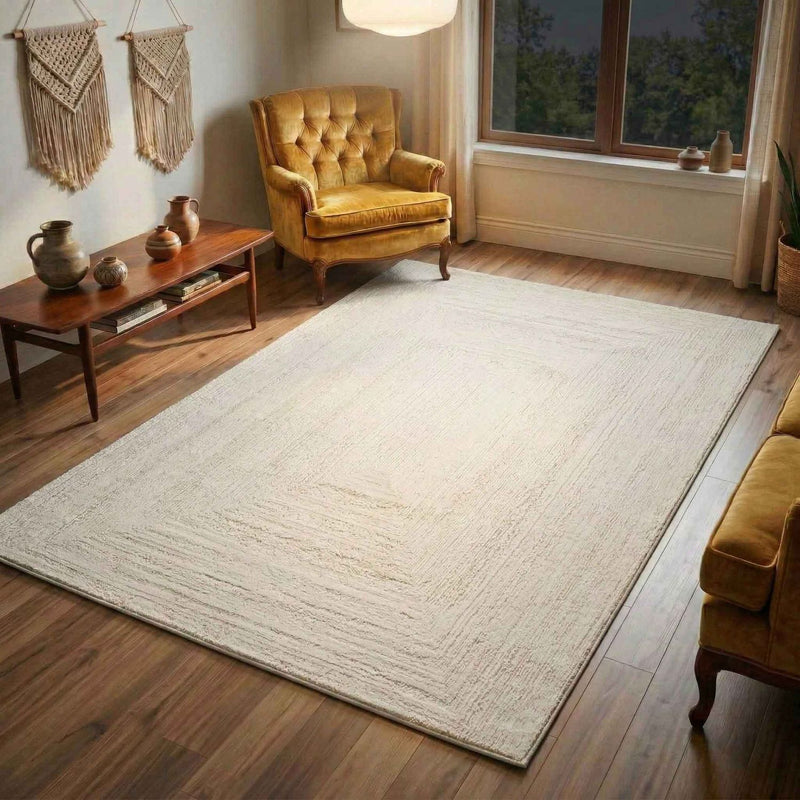 Premium Teppich Wohnzimmer Schlafzimmer Modern Hoch&Tief Bordüre – Kurzflor Teppich mit 3D Effekt-zoom-