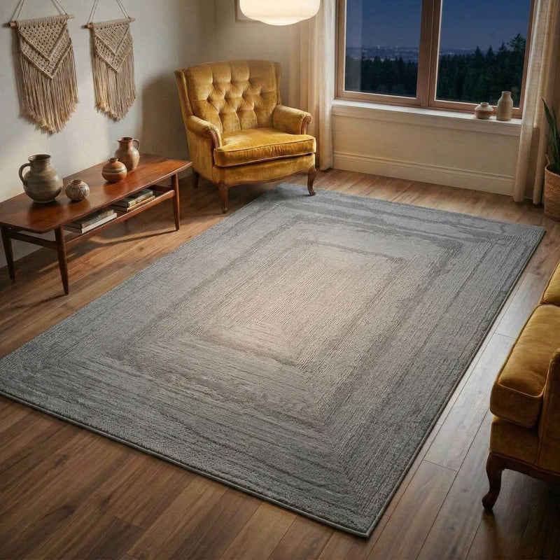 Premium Teppich Wohnzimmer Schlafzimmer Modern Hoch&Tief Bordüre – Kurzflor Teppich mit 3D Effekt-zoom-