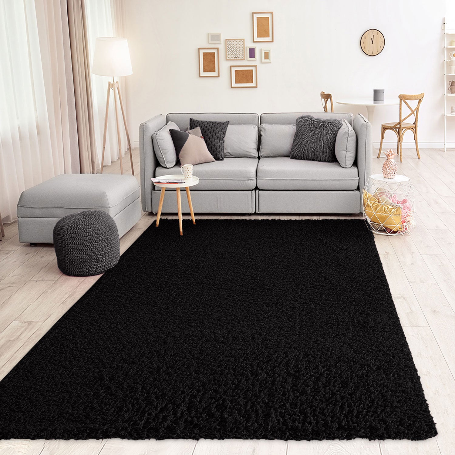 Prime Shaggy Hochflor Langflor Teppich Einfarbig Modern Schwarz für Wohnzimmer, Schlafzimmer