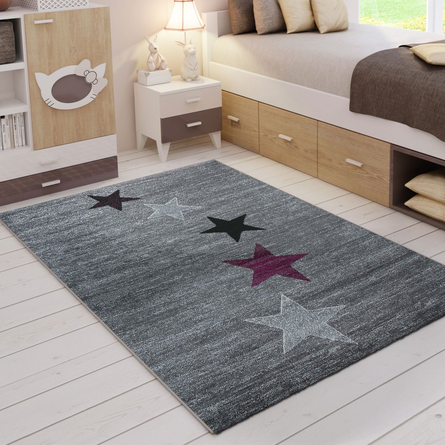 Modern Art Nouveau Short Pile Rug in Grey, Purple, and Black with Star Pattern, for Living Room, Bedroom, Kitchen