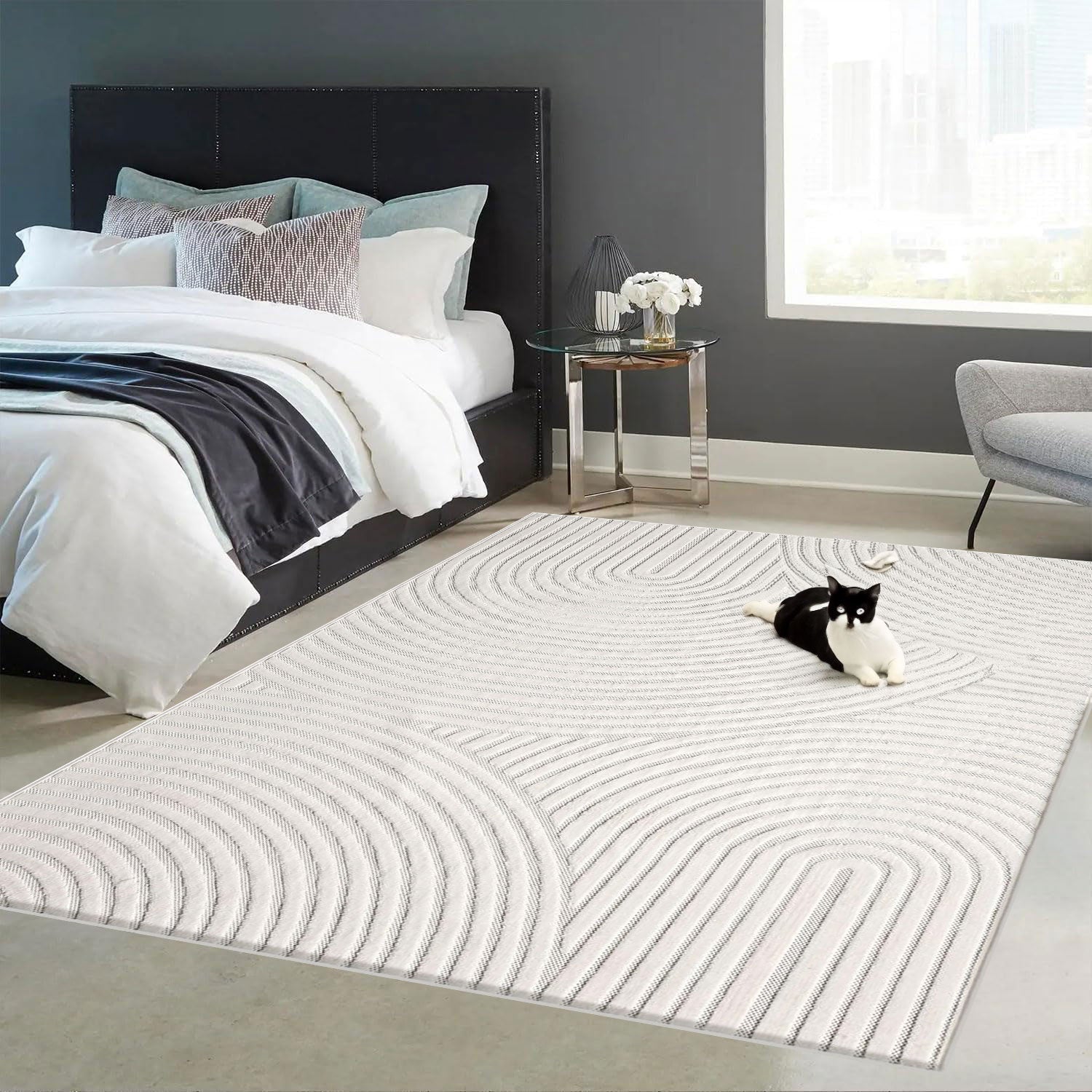 Robuster Flachgewebe Teppich Natur Look in Creme 3D+Hoch-Tief Effekt, Weich