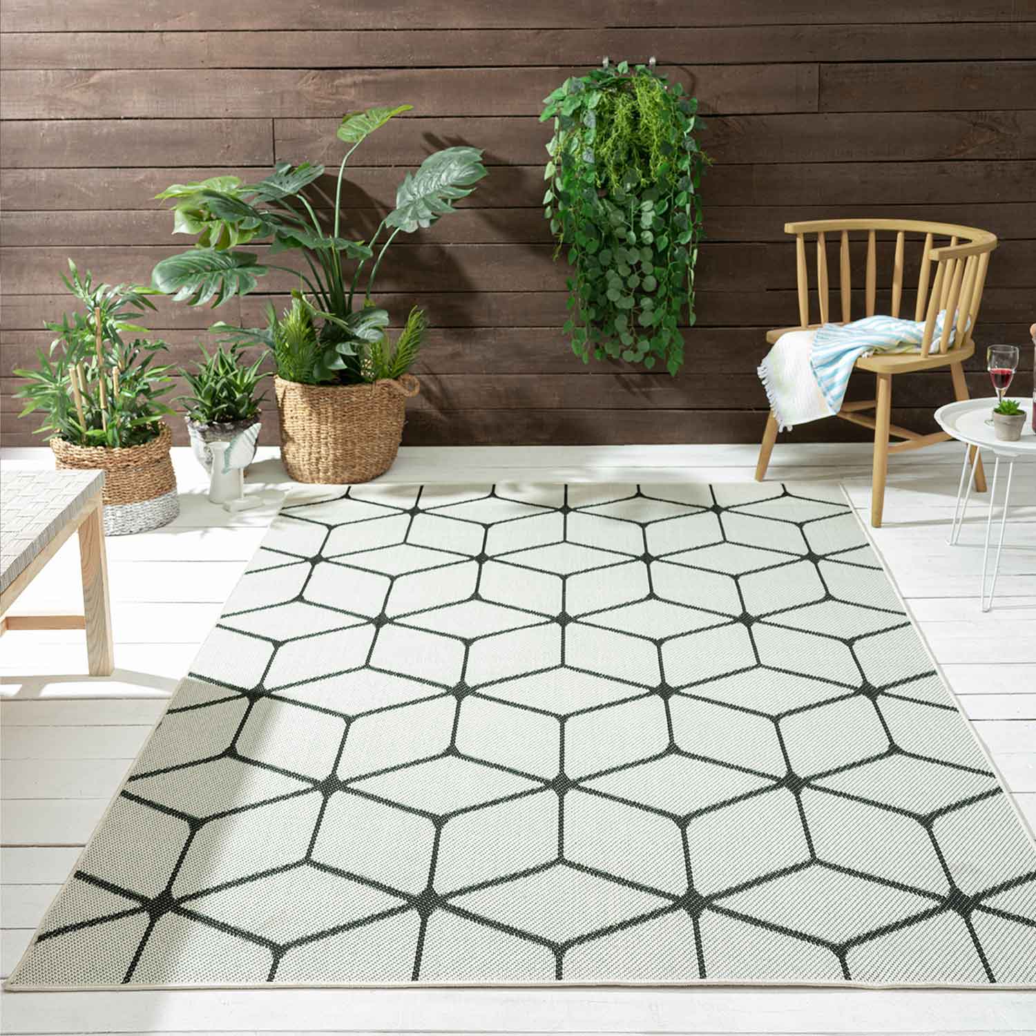 Teppich Rauten Muster In- und Outdoor Tauglich Robuster Flachgewebe 100% Polypropylen Weiß