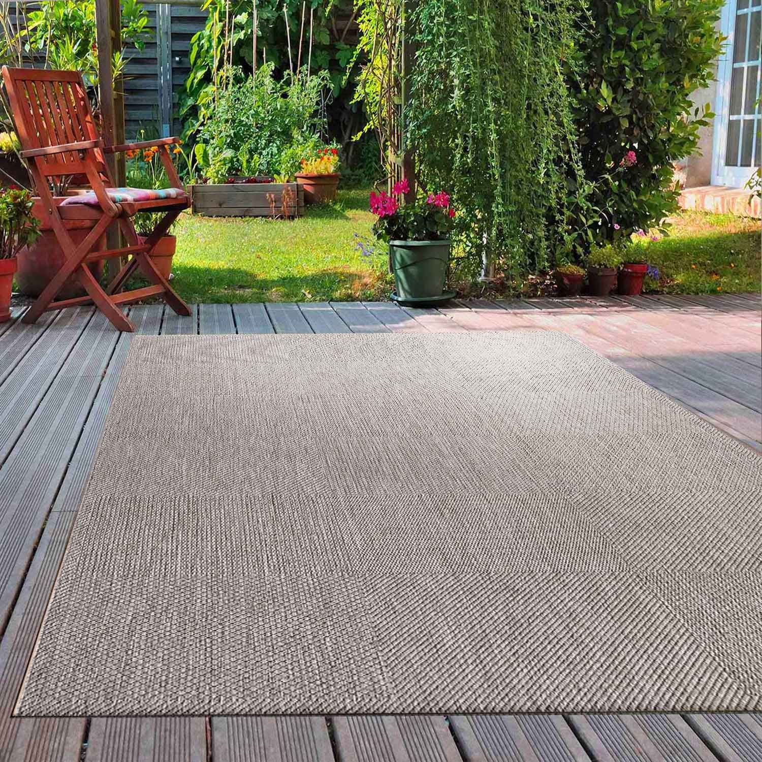 Robuster In- und Outdoor Flachgewebe Terrassen Teppich Natur Look In Grau-1