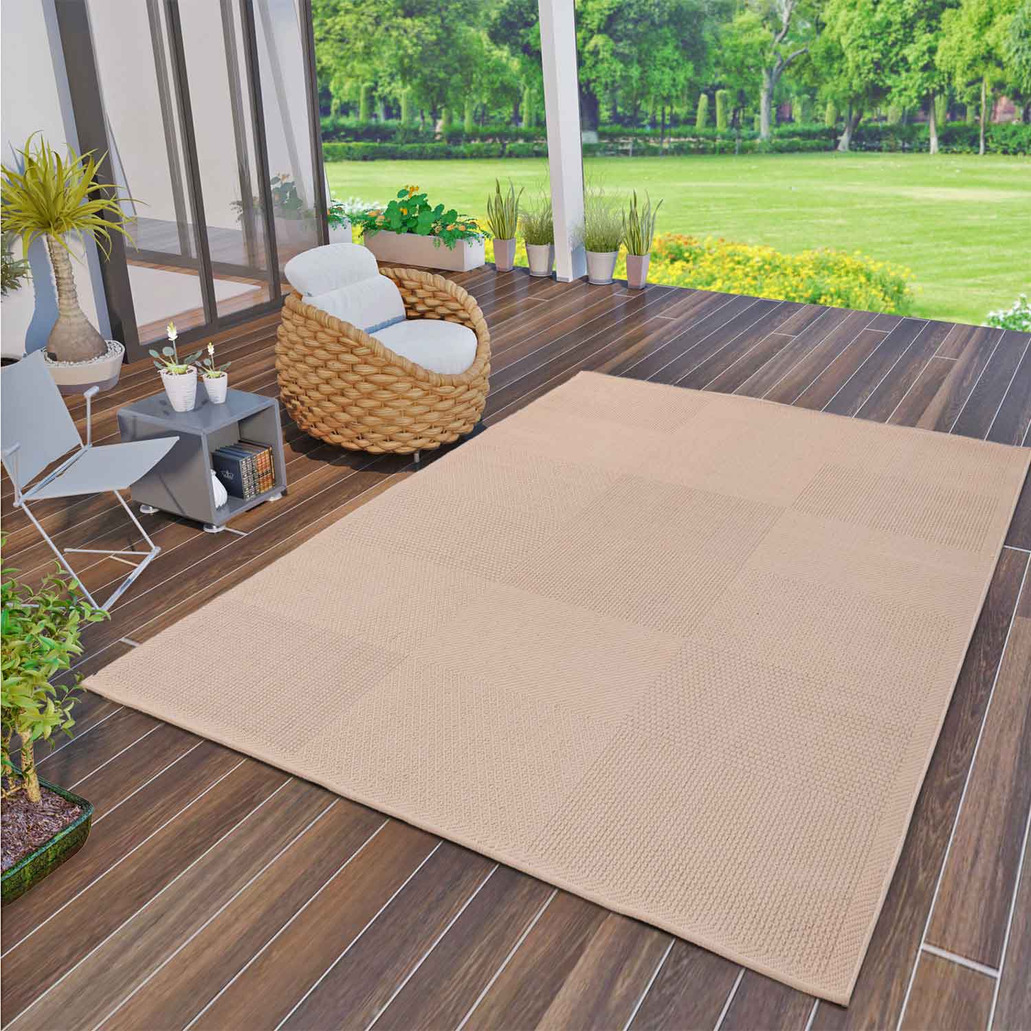 Robuster In- und Outdoor Flachgewebe Terrassen Teppich Natur Look In Beige-zoom-2