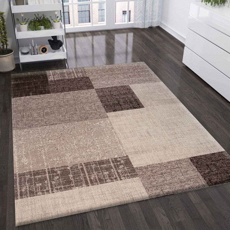 Living room rug, short pile, beige-brown, designer rug, modern tile look, checkered, easy care - VIMODA-zoom-