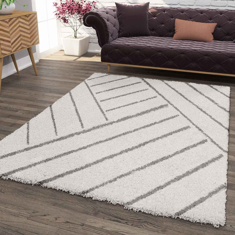 Shaggy Teppich Diagonale Streifen Design Creme Grau Modern-zoom-