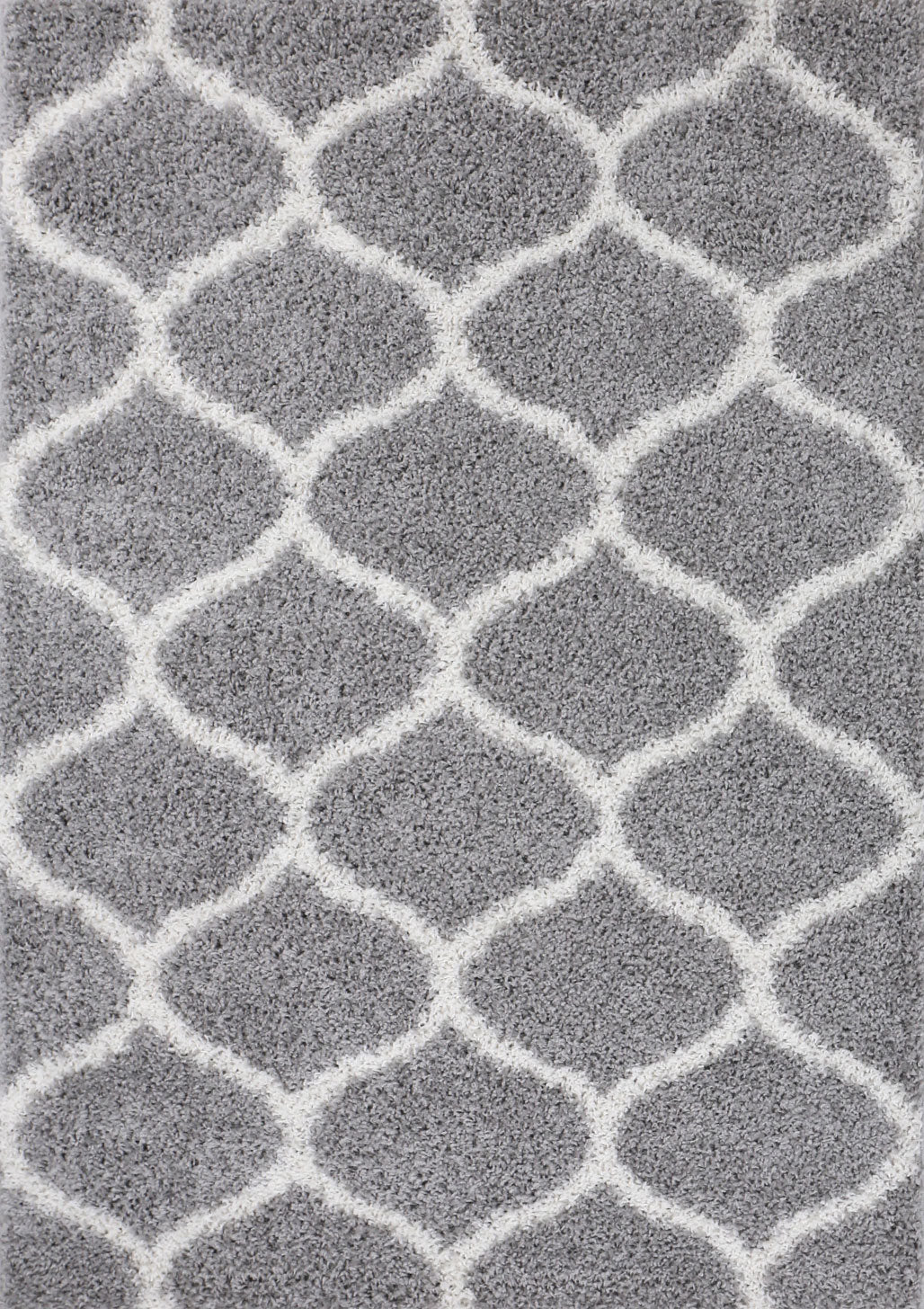 High-pile rug, shaggy Moroccan diamond pattern, living room decor, grey, cream, soft, robust, ethnic