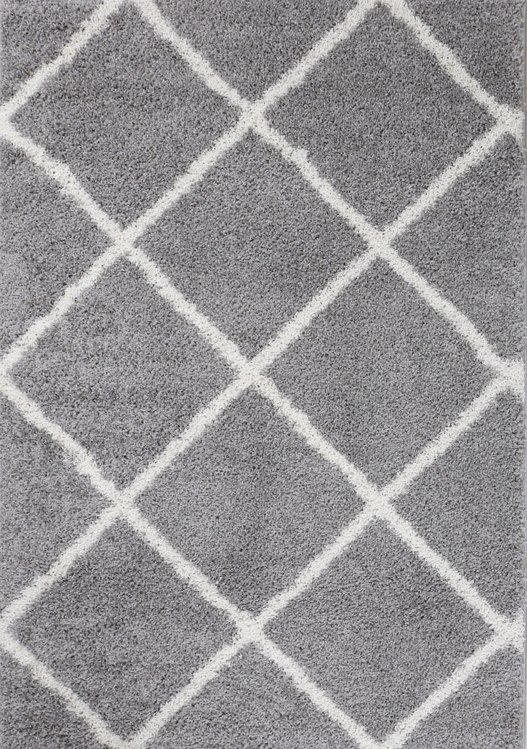 High-pile rug, living room, shaggy, Scandinavian design, diamond pattern, grey and cream, robust, soft, durable
