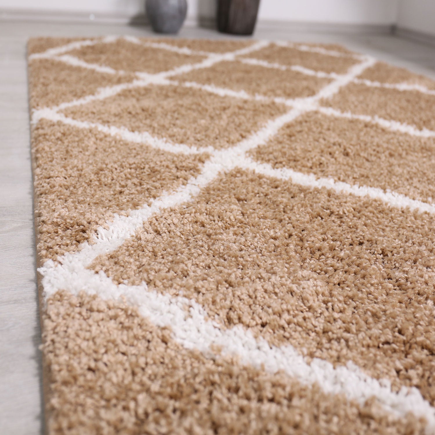 Hochflor Teppich Wohnzimmer Shaggy Rauten Muster Beige Creme Skandinavischer Stil Weich Robust-zoom-2