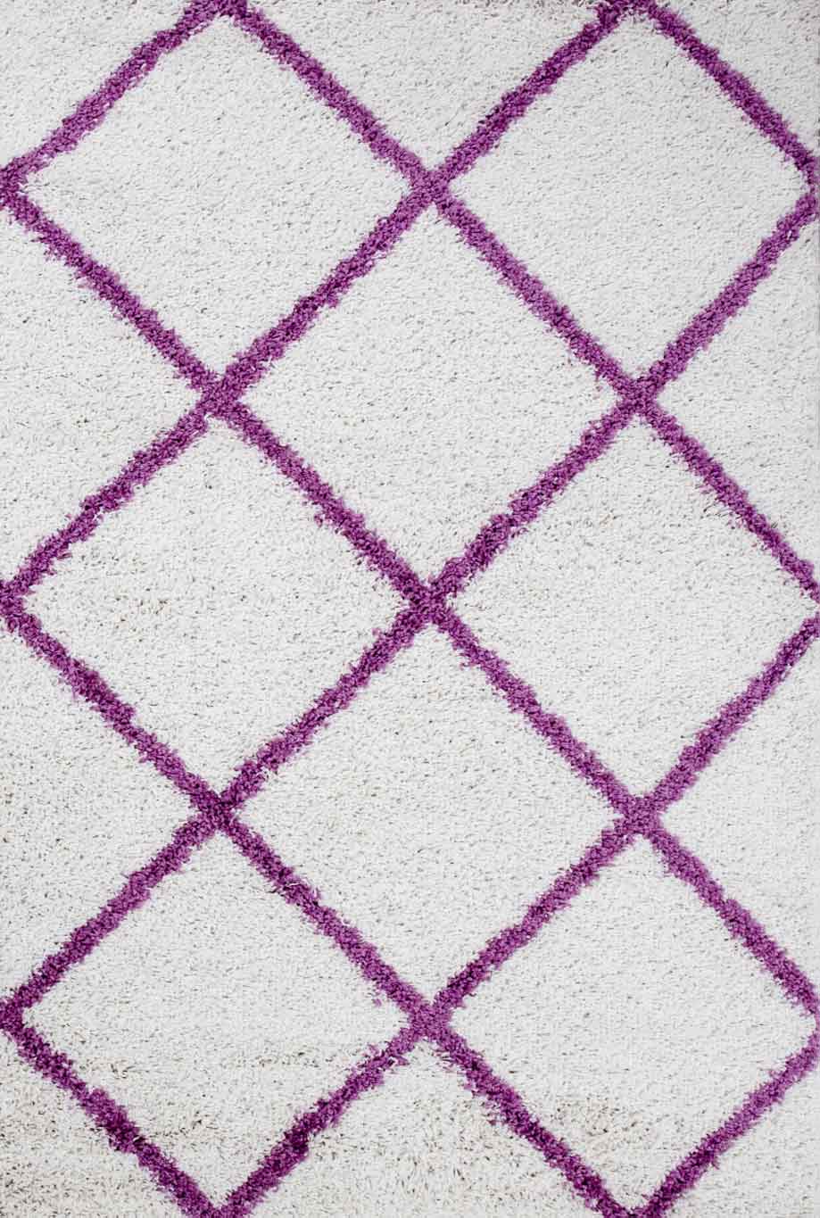 Hochflor Teppich Wohnzimmer Shaggy Rautenmuster Lila Creme Skandinavischer Stil weich Robust-4