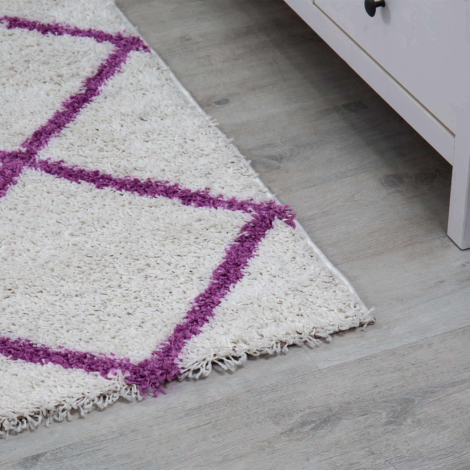 Hochflor Teppich Wohnzimmer Shaggy Rautenmuster Lila Creme Skandinavischer Stil weich Robust-zoom-3