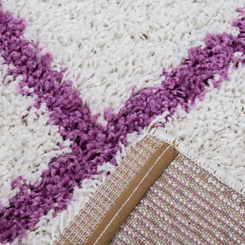 Hochflor Teppich Wohnzimmer Shaggy Rautenmuster Lila Creme Skandinavischer Stil weich Robust-zoom-