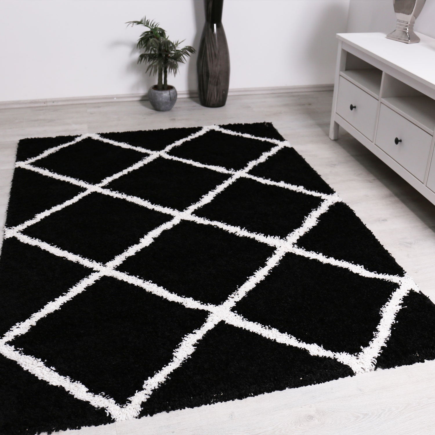 High-pile rug, living room, shaggy diamond pattern, black and cream, Scandinavian design, soft, ethnic-zoom-1