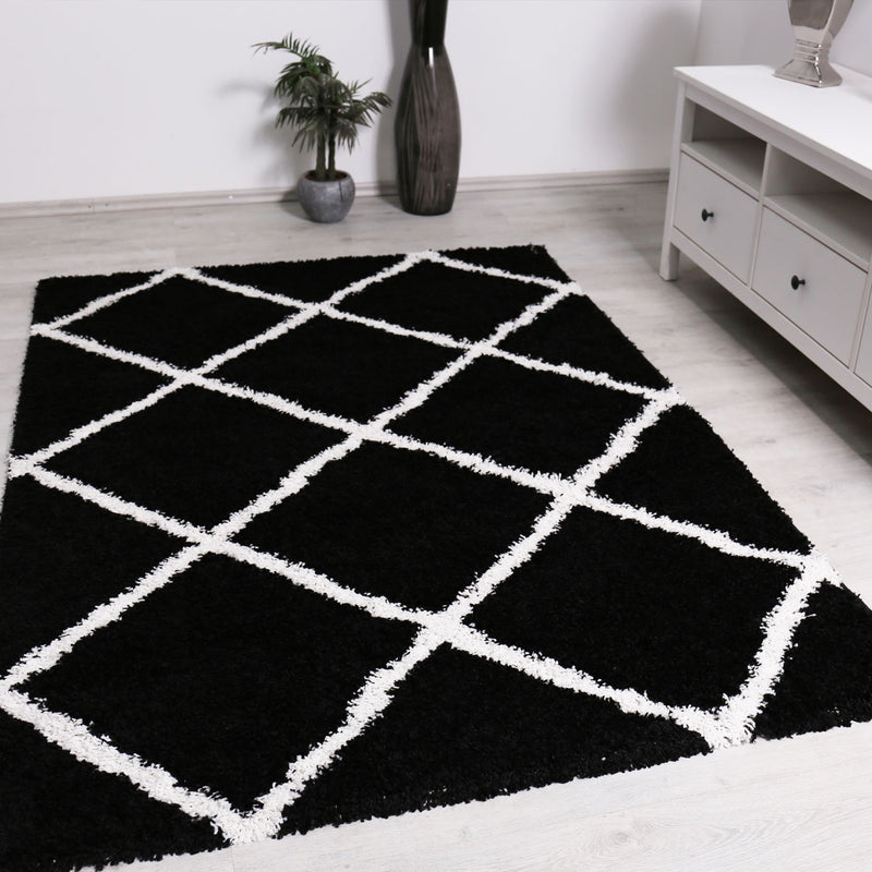 High-pile rug, living room, shaggy diamond pattern, black and cream, Scandinavian design, soft, ethnic-zoom-