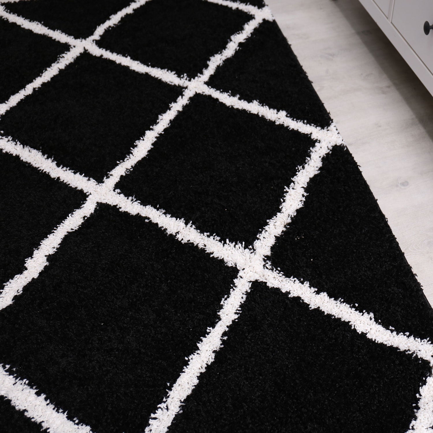 High-pile rug, living room, shaggy diamond pattern, black and cream, Scandinavian design, soft, ethnic-2