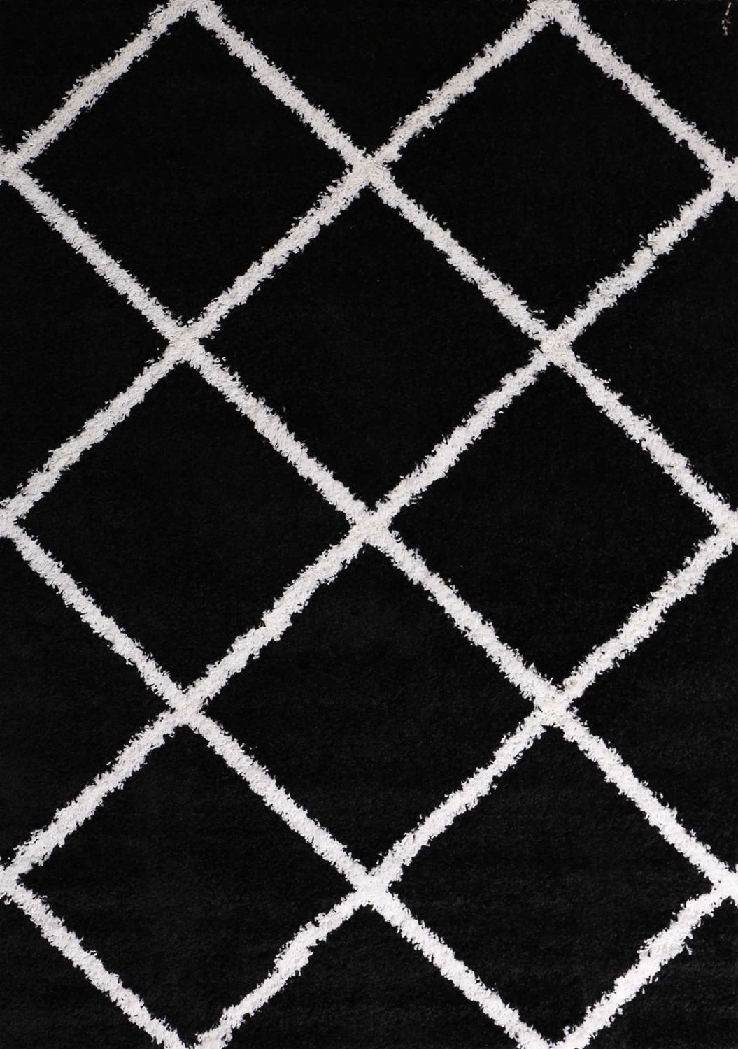 High-pile rug, living room, shaggy diamond pattern, black and cream, Scandinavian design, soft, ethnic