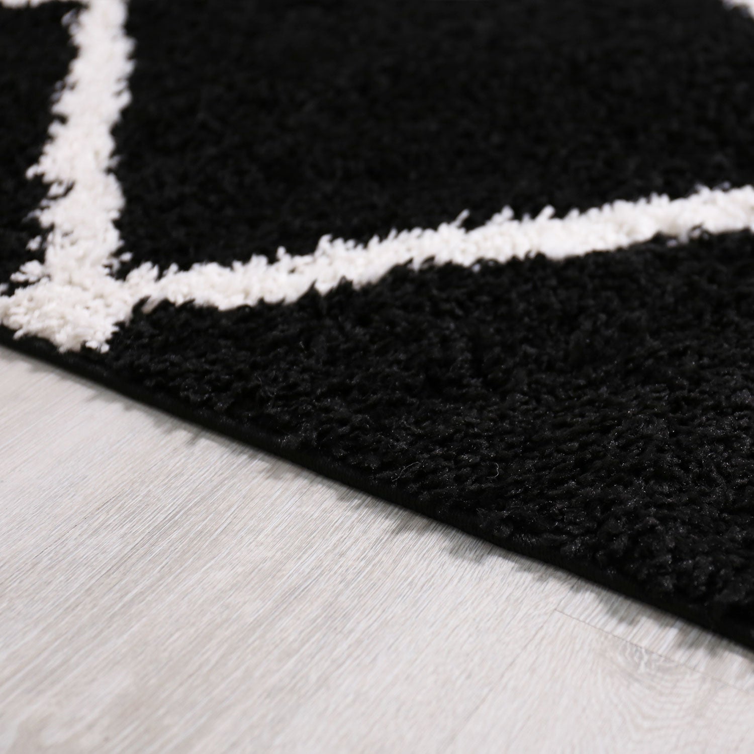 High-pile rug, living room, shaggy diamond pattern, black and cream, Scandinavian design, soft, ethnic-4