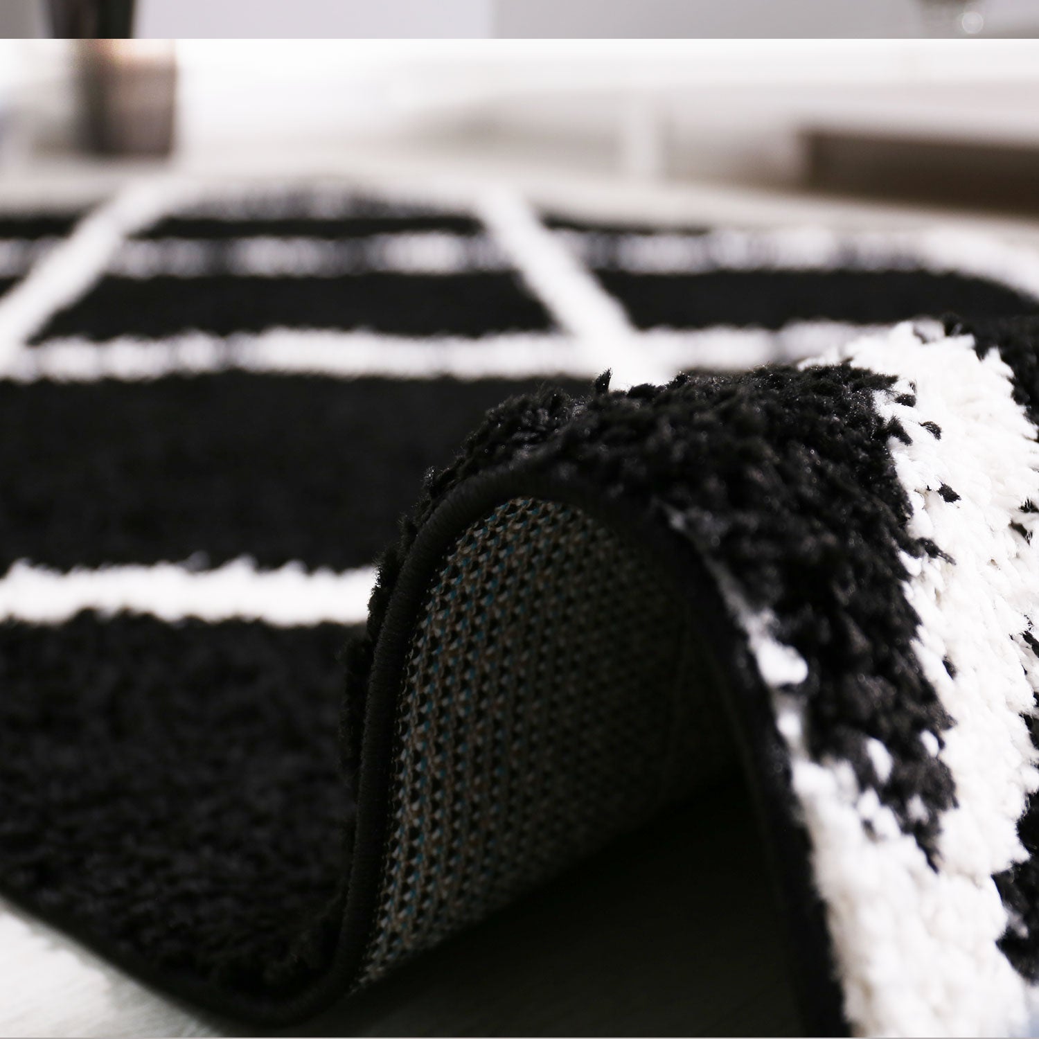 High-pile rug, living room, shaggy diamond pattern, black and cream, Scandinavian design, soft, ethnic-3