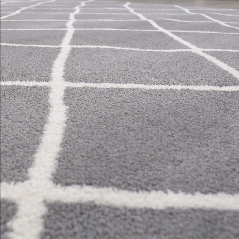 Designer rug in grey and white, fluffy microfiber, densely woven, Moroccan pattern-zoom-