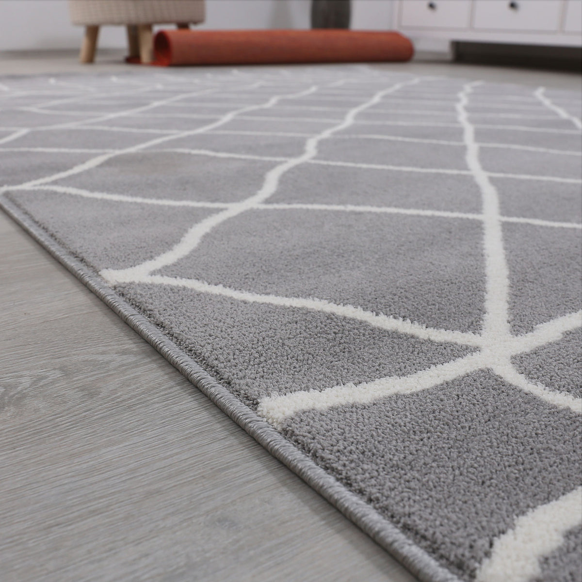 Designer rug in grey and white, fluffy microfiber, densely woven, Moroccan pattern-3