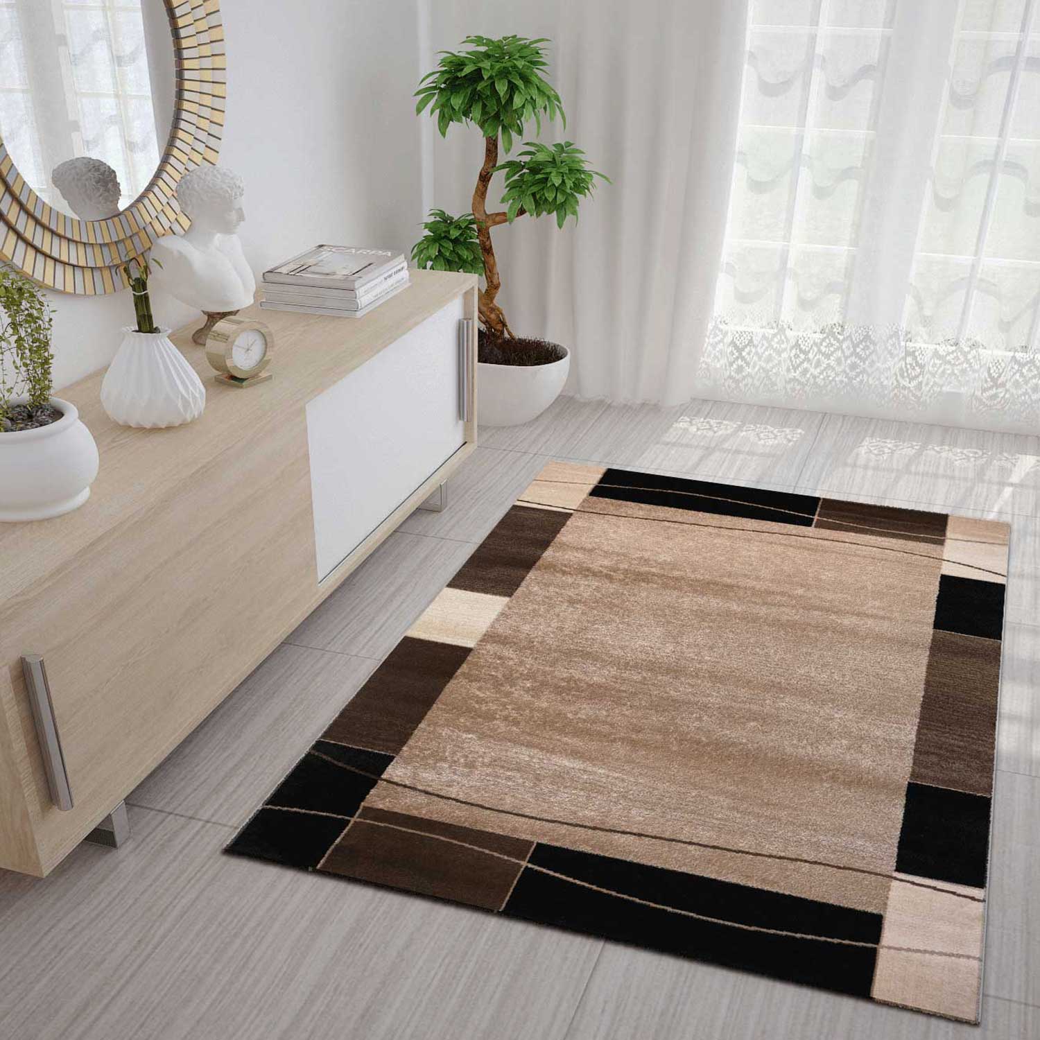 Short-pile rug, modern retro style with border, brown, beige, black, for living room, bedroom, children's room