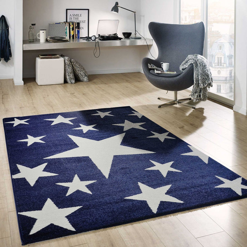 Short-pile rug with stars and a sky, modern blue and white, suitable for a teenager's room or living room.-zoom-