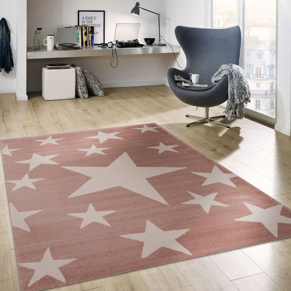 Short-pile rug stars sky modern pink white youth room for kids' room, living room